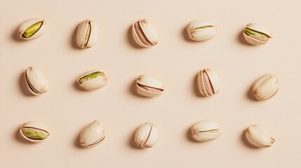 Pistachio kernels arranged in a minimalist fashion, isolated on a soft beige background