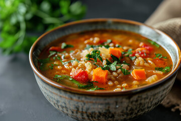 A bowl of vegetable and barley soup with herbs