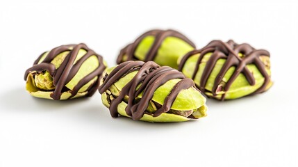 Shelled pistachios with a drizzle of dark chocolate, isolated on a bright white background for a healthy snack