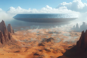 Wall Mural - a giant alien structure hovering over a desert landscape, representing the awe and mystery of alien 