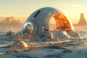 Wall Mural - a futuristic alien city under a protective dome, symbolizing environmental preservation on distant p