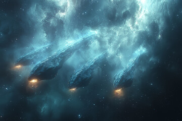 Wall Mural - a fleet of alien ships exploring the edge of a galaxy, representing curiosity and expansion. concept