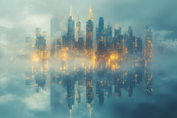Wall Mural - a city skyline that shifts and changes, showing the existence of parallel worlds. concept of alterna