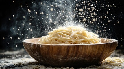 Canvas Print -   Wooden bowl with noodles and sprinkled flour