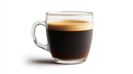 A clear glass mug filled with coffee, set against a white background