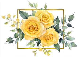 Canvas Print - Rose watercolor frame geometric decoration with yellow roses