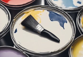 Top view lay flat paint brush laying on paint can with