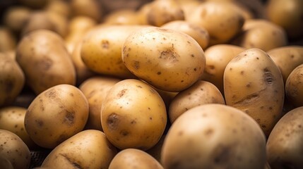 A pile of close up potatoes, organic food horizontal background.