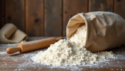 Messy bag of flour on wooden counter with rolling pin