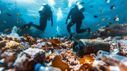 Two people are diving in the ocean and there is a lot of trash on the ground