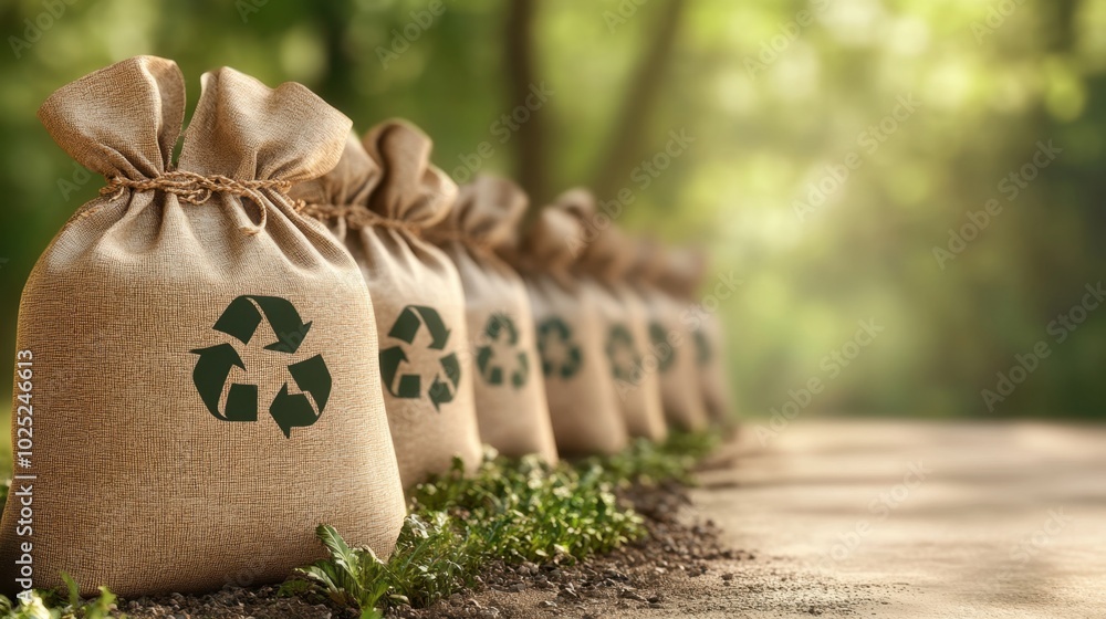 Recyle Nature Row of eco-friendly bags with recycle symbols on a natural setting ...