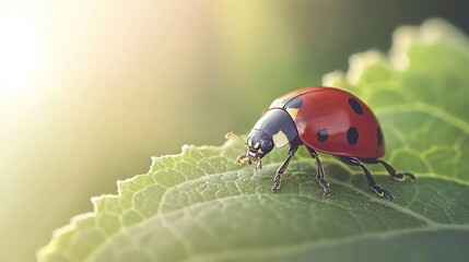 Poster -   A ladybug on a leaf in sunlight with a blurred background