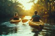 © Roman - Two people riding kayaks on a river at sunset