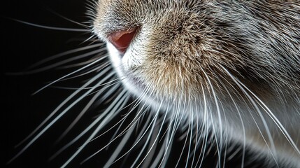 Poster -   A photo of a cat's face with long whiskers against a dark backdrop