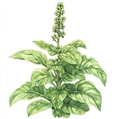 Hand drawn tulsi ayurveda herb watercolor illustration. Holy basil adaptogenic plant with leaves and flowers on white background.