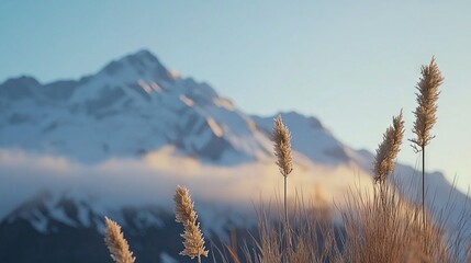 Sticker -   A snow-capped mountain with lush grass in the foreground and a vibrant blue sky in the background