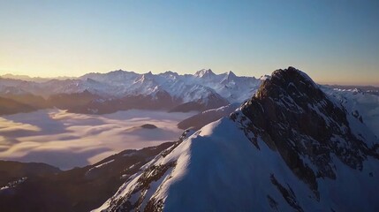 Canvas Print -  A panoramic shot of the peak with misty clouds beneath and a vivid blue sky overhead