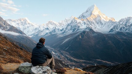 Wall Mural -   A man atop a mountain surveys a snow-filled valley below, dotted with distant snowcapped peaks