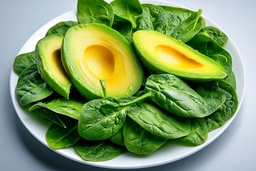 Aufkleber - Simple detox salad, with only spinach leaves and avocado slices on a white plate, leaving space around the dish for a clean, fresh look