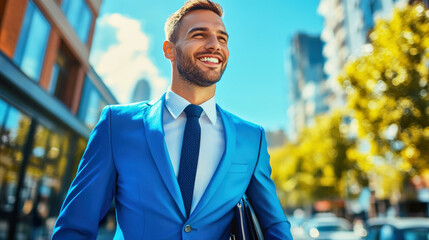 A smiling man in a bright blue business suit walks confidently down a sunny urban street holding a briefcase