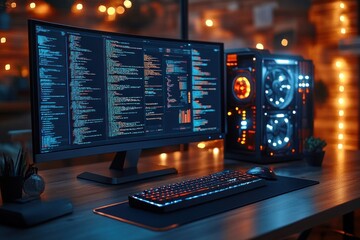 a close up of a modern computer setup with a desktop monitor displaying lines of code, a keyboard, a