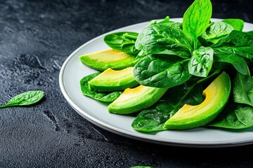 Aufkleber - Simple detox salad, with only spinach leaves and avocado slices on a white plate, leaving space around the dish for a clean, fresh look