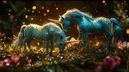 Poster -   A pair of blue horses grazing on a golden field with lush green vegetation