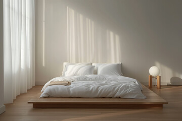 Minimalist bedroom with clean white bedding and warm natural lighting