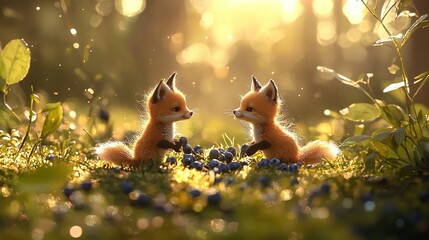 Sticker -   A pair of foxes perched together on a verdant field, surrounded by juicy blueberries