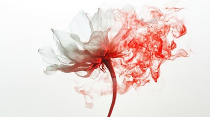 Poster -   Red and white flower with smoke emitting from its petals against a light gray backdrop