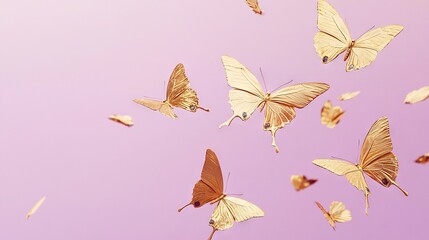 Poster -   A cluster of golden butterflies flutters through the sky against a mauve and magenta backdrop; just one strays out of frame