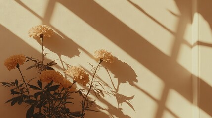 Poster -   A vase with yellow flowers sits atop a wooden table near a wall casting a shadow