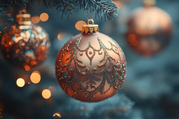 A close-up shot of a copper-colored Christmas ornament with a delicate pattern hanging on a fir tree branch. Softly blurred lights are visible in the background.