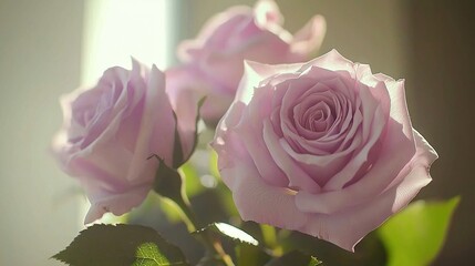 Poster -   A vase brimming with pink roses sits atop a window ledge alongside a verdant leafy companion