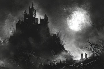 Two figures in hooded cloaks walk towards a dark castle under a full moon