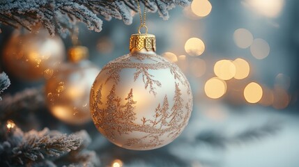 A single, white Christmas ornament with a gold design hangs from a snowy evergreen tree branch with blurred golden lights in the background.