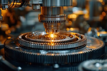 Close-up of a machine with a glowing metal part, gears and cogs visible.