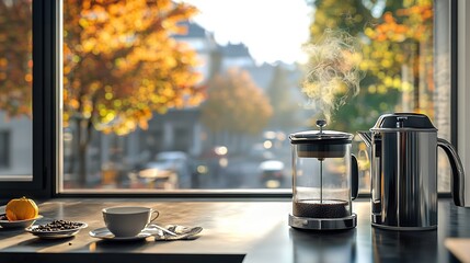 Wall Mural -   A coffee pot sits atop a kitchen counter, alongside a steaming cup of coffee and an orange perched on a plate