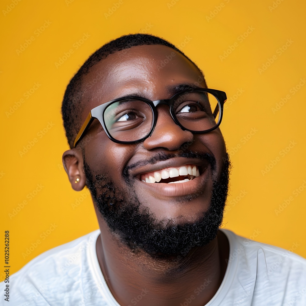 Man wearing glasses smile happy face portrait with yellow background ...