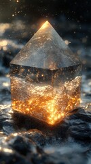 glass prism floating on the water, featuring patterns and reflections, set against an abstract background