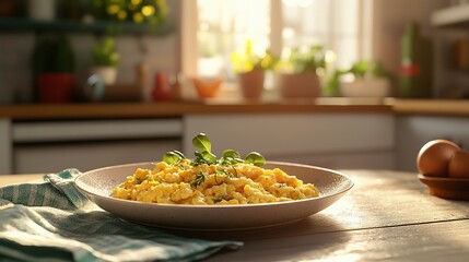 Wall Mural -   A wooden table holds a green napkin, an egg, and a bowl of food