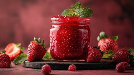 Canvas Print -   A close-up of a jam jar with strawberries on one side and several more strawberries surrounding it