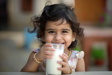 Young Indian girl smiles while holding glass of milk at table. Curly hair, happy expression. Building with window backdrop, potted plant in background.