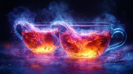 Two glowing cups of tea are displayed with colorful, swirling liquid and steam against a dark background, creating a mystical and enchanting atmosphere.