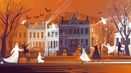 Canvas Print -   A group of people dressed as ghosts in front of a haunted house adorned with bats and pumpkins