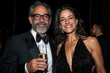 A man and woman are posing for a picture, the man is wearing a black suit