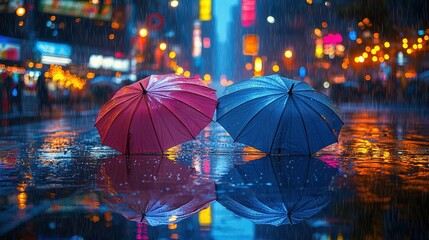 Sticker -   Two umbrellas rest atop a puddle amidst the city's skyline