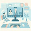 © Cloudy - Businesspeople in a circle meeting at a flat vector office with laptops, phones, and a television