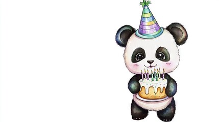 Sticker -   Panda celebrating birthday with cake, candles & hat