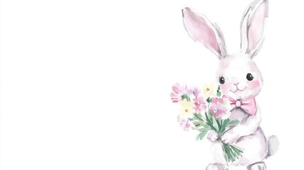 Canvas Print -   Bunny holding flowers in watercolor